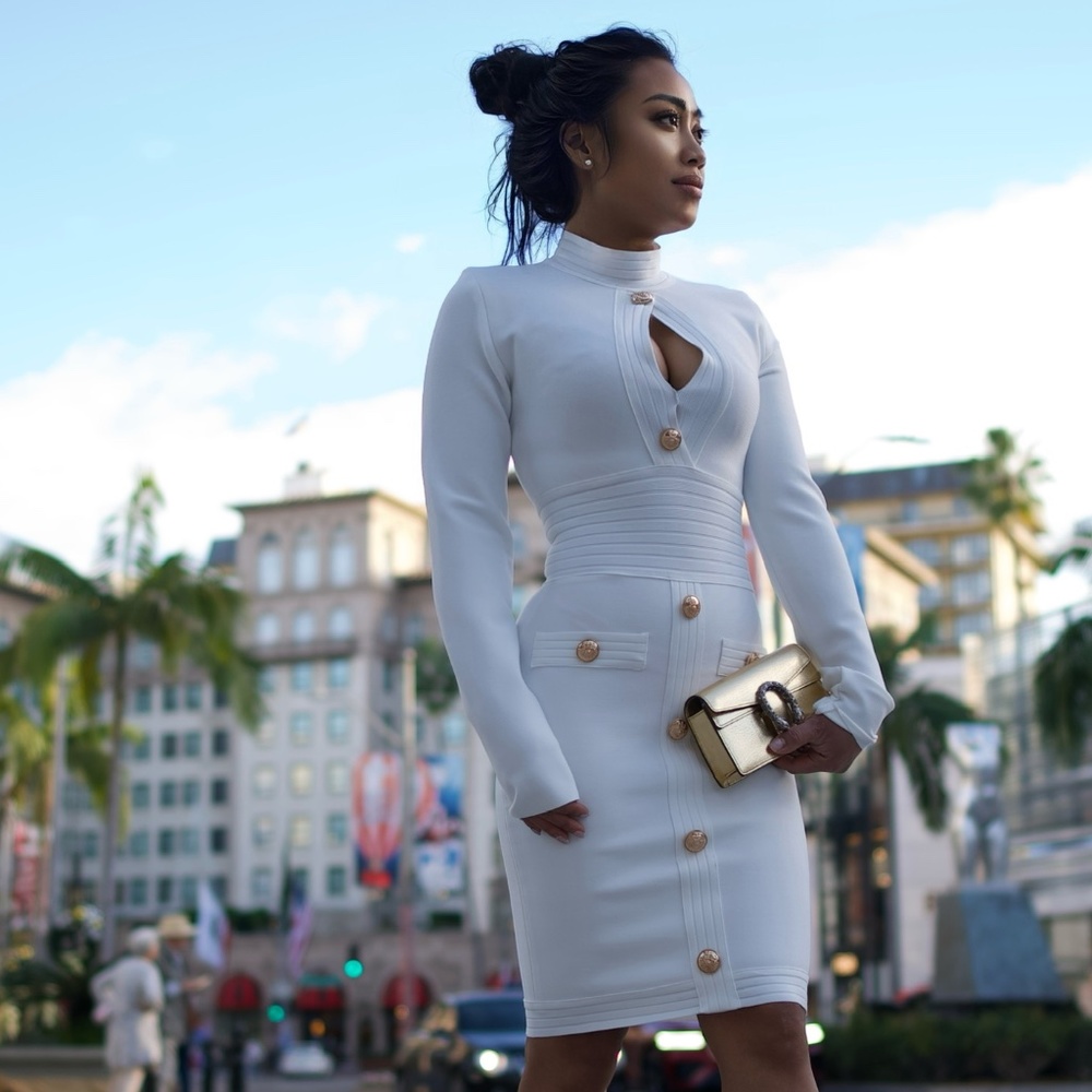 DAIMARAN Dubai Women's Dress Bodycom Cut Out Button Bandage White S